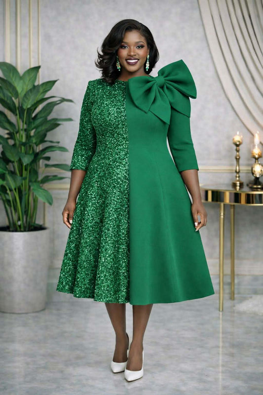 Emerald Elegance Dual-Texture Midi Dress