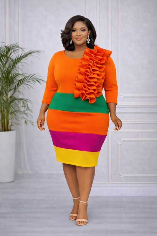Vibrant Cascade Colorblock Ruffle Dress - Orange