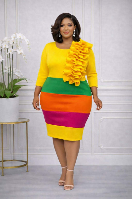 Vibrant Cascade Colorblock Ruffle Dress - Yellow