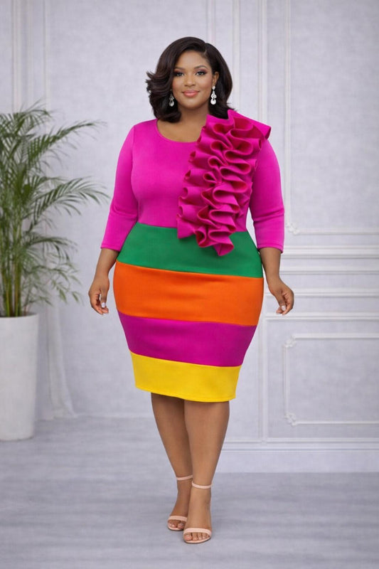 Vibrant Cascade Colorblock Ruffle Dress - Pink