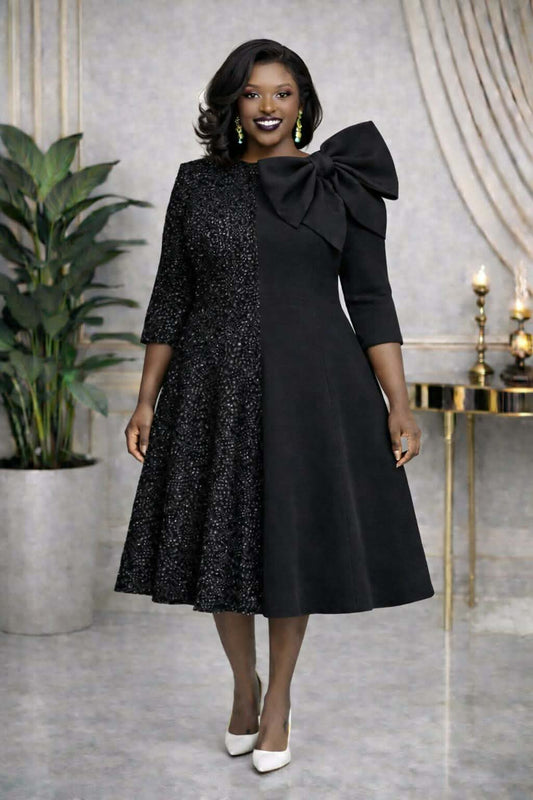 Black Elegance Dual-Texture Midi Dress