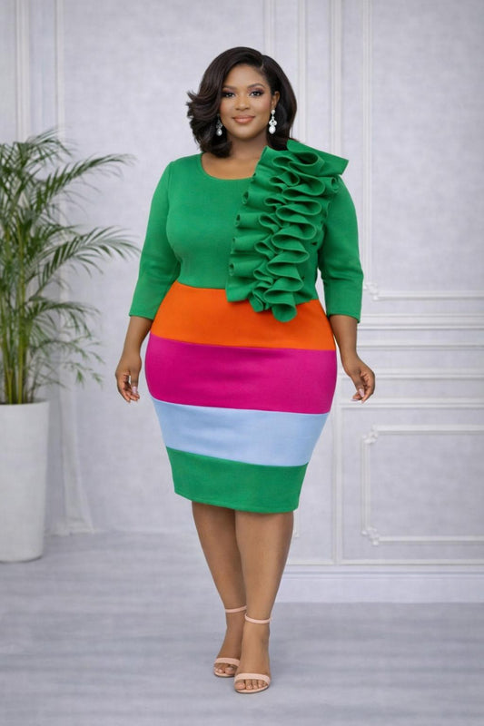 Vibrant Cascade Colorblock Ruffle Dress - Green