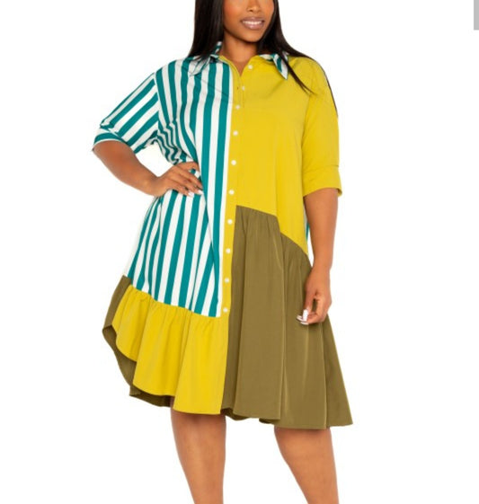 Colorblock Charm Button-Up Swing Dress