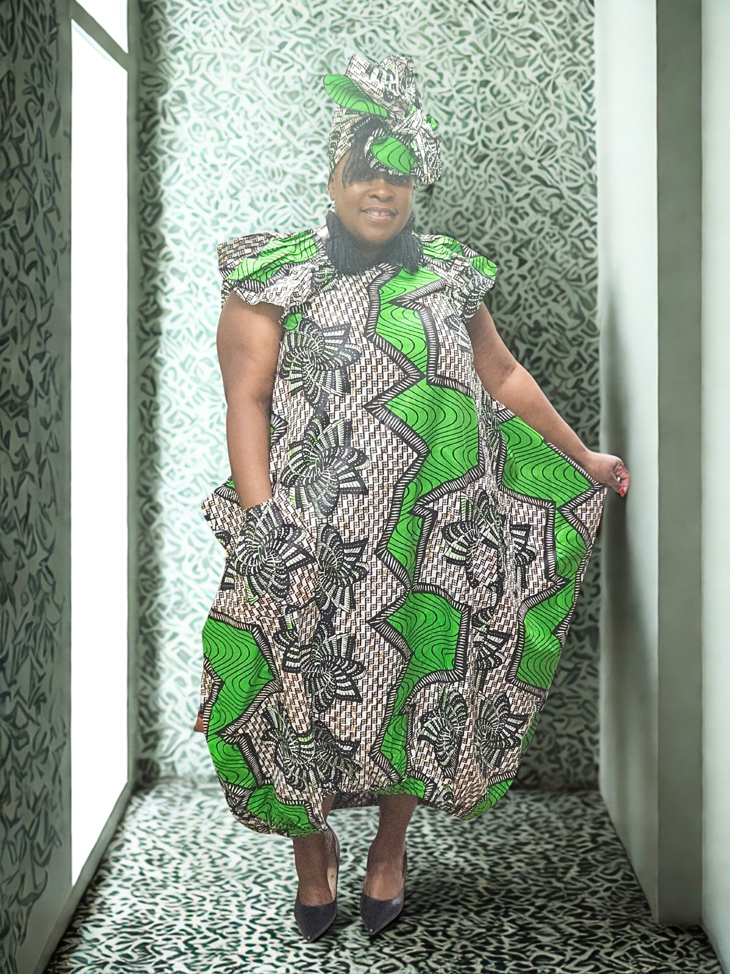 Emerald Essence Ankara Balloon Dress