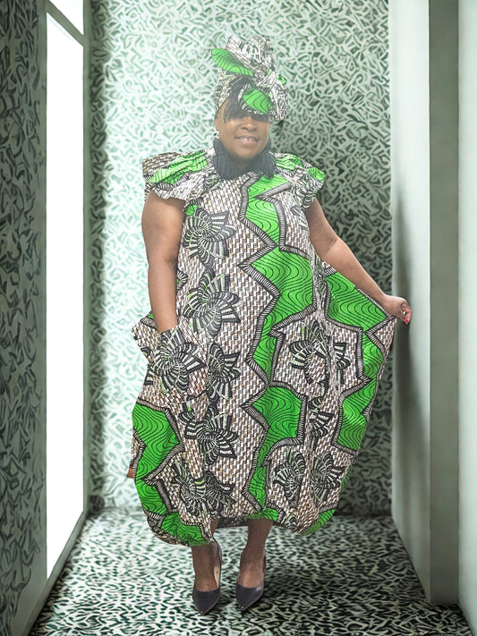 Emerald Essence Ankara Balloon Dress