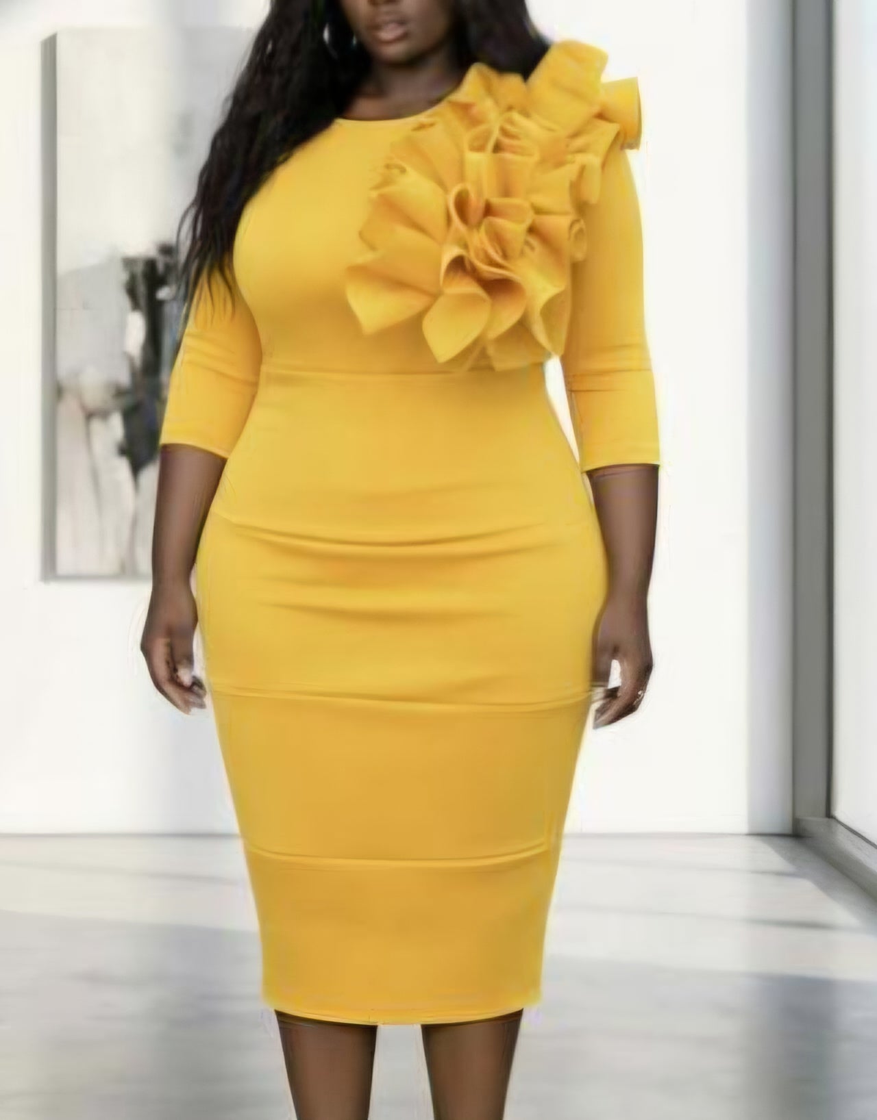 Golden Bloom Ruffle Shoulder Midi Dress